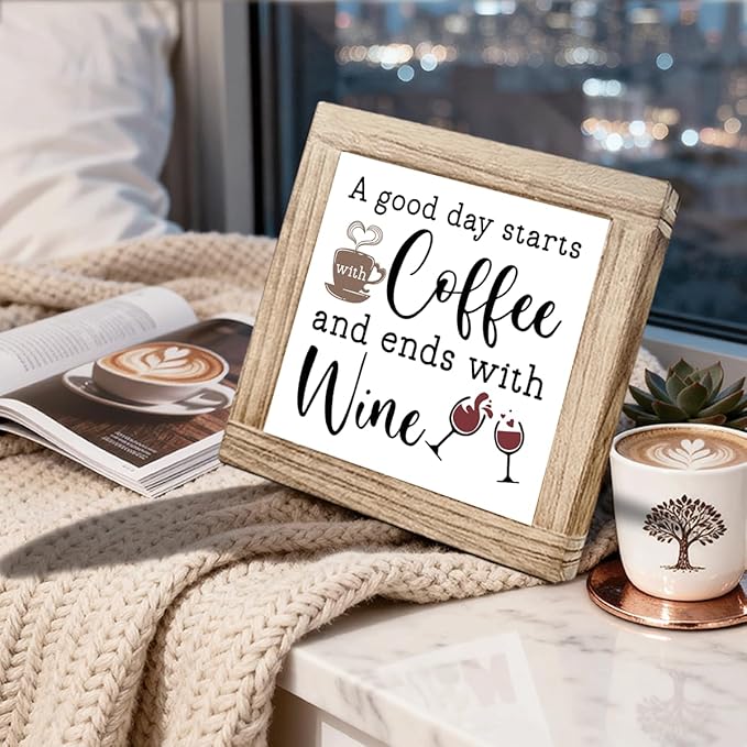 Coffee Decor Sign Good Day Starts With Coffee And Ends With Wine Rustic Coffees Wooden Plaque Wooden Decor Sign For Farmhouse Home Kitchen Bar Shelf Table Funny Gifts For Family Friend 5.9x5.9 inches