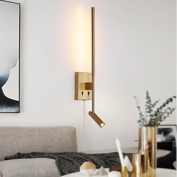 ZEROUNO Modern Plug in Wall Sconce Set of 2, Gold LED Wall Mounted Reading Lamp with Switch, Minimalist Linear Wall Light Fixture with 5.9FT Clear Cord for Bedroom Living Room Hallway Decor