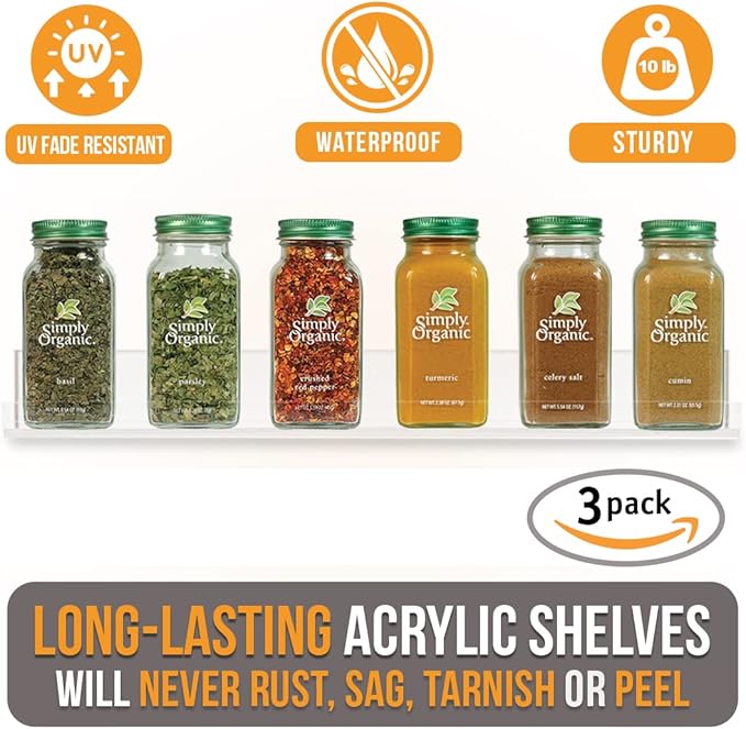 Wall Mounted Spice Rack Shelves [3-Pack] - Clear Acrylic 15