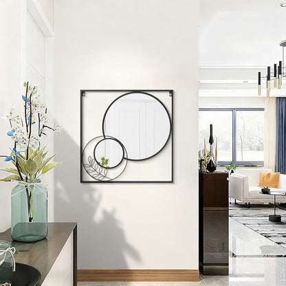 Black Square Mirror, Round Wall Mounted Mirror Set Circle Modern Decorative Mirrors for Living Room Bedroom Entryway 24x24 Inch Decor