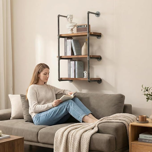 Industrial Wall Mounted Iron Floating Pipe Wood Shelves/Shelving/Racks/Storage/Bookcases/Brackets, DIY Open Bookshelves/Shelving for Kitchen/Office, Retro Black, Brown