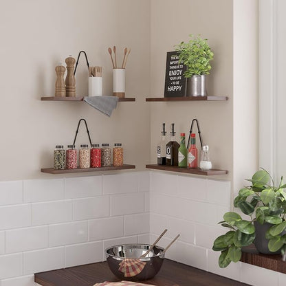 Rustic State Moma Wall Mounted Narrow Decorative Floating Shelves with Triangle Brackets - Picture Ledge, Display for Collectibles Memorabilia Awards Objects Toiletries - Set of 4 - Walnut