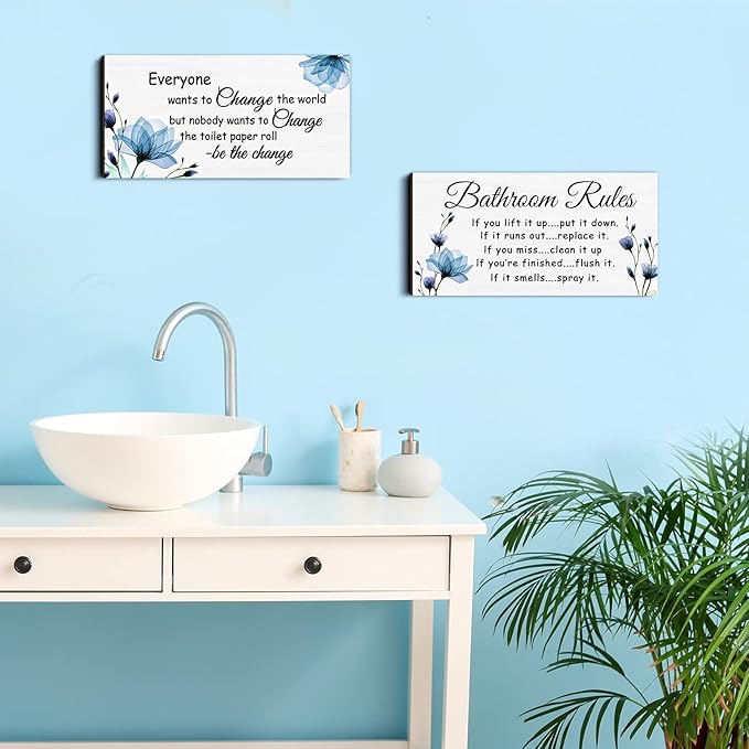 Jetec 2 Pieces Funny Bathroom Signs Bathroom Wall Decor Toilet Wall Accessories Farmhouse Toilet Rustic Wooden Signs, 12x6 Inch(Blue Floral)