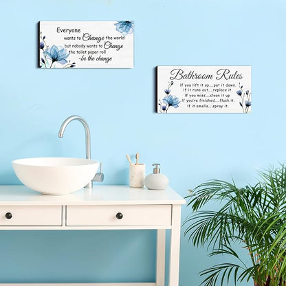 Jetec 2 Pieces Funny Bathroom Signs Bathroom Wall Decor Toilet Wall Accessories Farmhouse Toilet Rustic Wooden Signs, 12x6 Inch(Blue Floral)