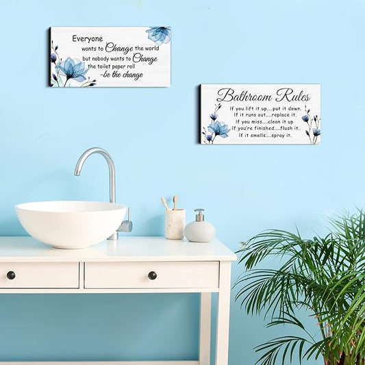 Jetec 2 Pieces Funny Bathroom Signs Bathroom Wall Decor Toilet Wall Accessories Farmhouse Toilet Rustic Wooden Signs, 12x6 Inch(Blue Floral)