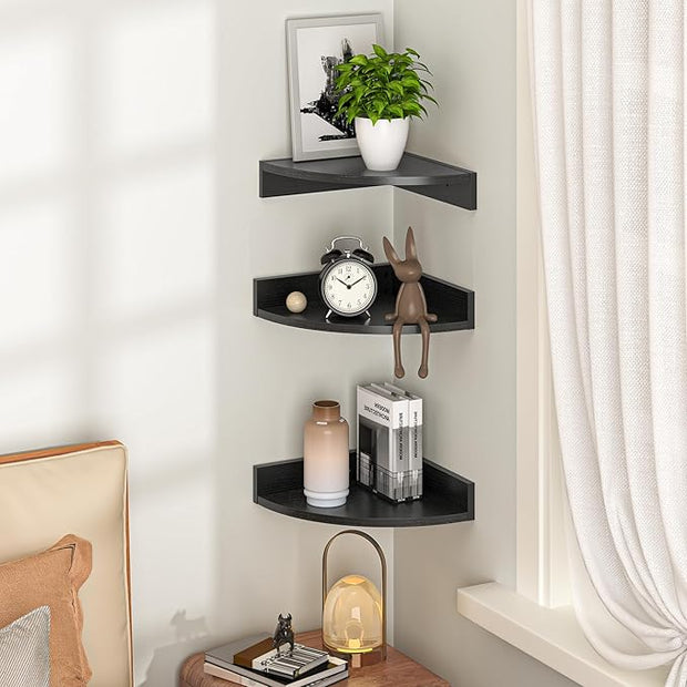 Fun Memories Corner Shelf Wall Mount, Wood Floating Corner Shelves, Corner Wall Shelf for Bedroom, Bathroom, Kitchen, Living Room (Black, 3 Pack)