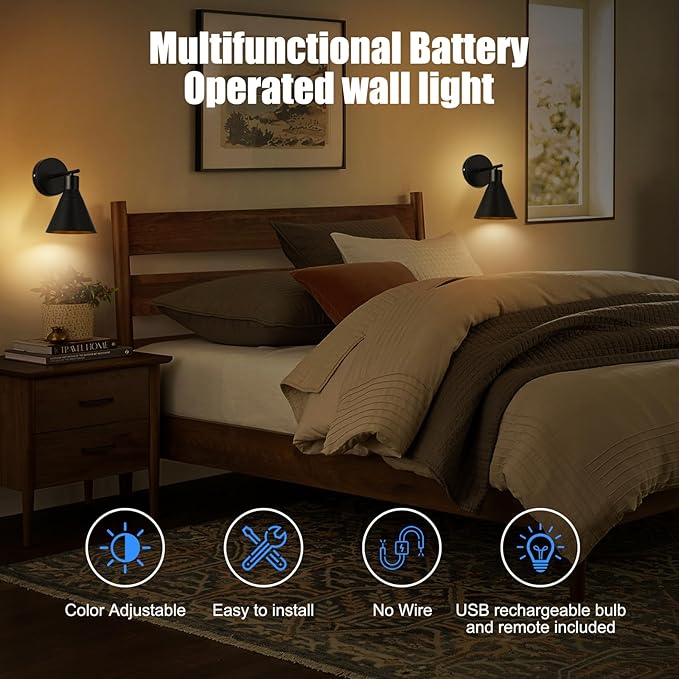Modern Wireless Battery Operated Wall Sconces, Black Rechargeable Cordless LED Wall Lights Set of Two, Dimmable Battery Powered Wall Decor Lamp Fixture with Remote Control for Bedroom Indoor