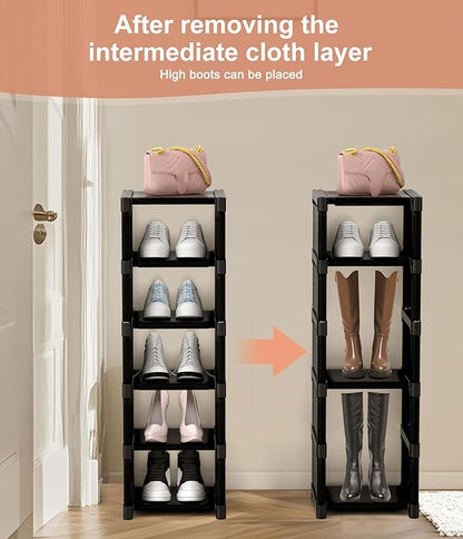 6-Tier Narrow Shoe Rack, Vertical Small Space Shoe Organizer, 9.84" Compact Slim Shoe Shelf for Closet & Entryway, Sturdy & Tool-Free Assembly, Adjustable Height for Boots