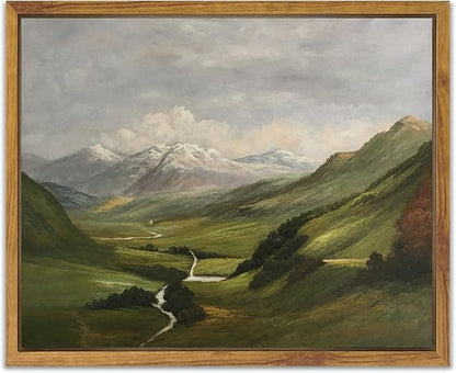 SHENIFY Landscape Vintage Framed Canvas Wall Art Classical Mountain Range Valley Prints Farmhouse Kitchen Office Decor - 8x10in Natural Framed