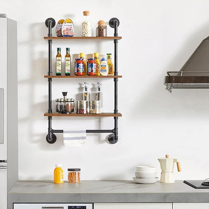 IBUYKE Industrial Pipe Shelf,40.5 inches Wall Mount Bookcase,3-Tier Wall Shelf with Towel Bar,Rustic Iron Pipe Floating Shelvesfor Bedroom,Kitchen,Living Room,Bathroom URF-TM015