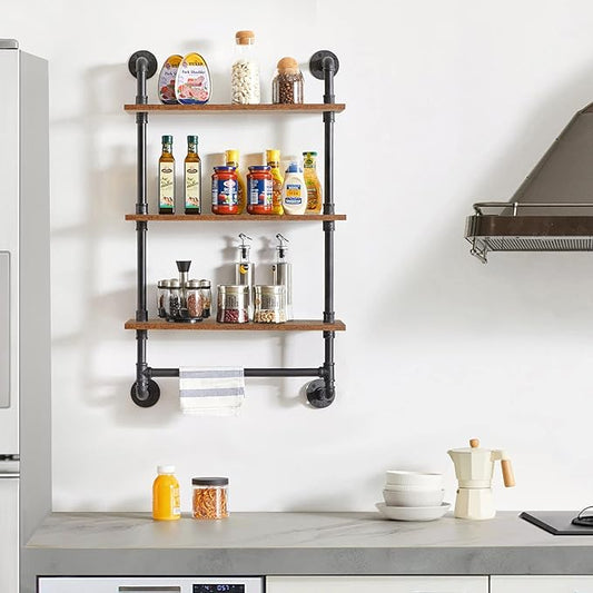 IBUYKE Industrial Pipe Shelf,40.5 inches Wall Mount Bookcase,3-Tier Wall Shelf with Towel Bar,Rustic Iron Pipe Floating Shelvesfor Bedroom,Kitchen,Living Room,Bathroom URF-TM015