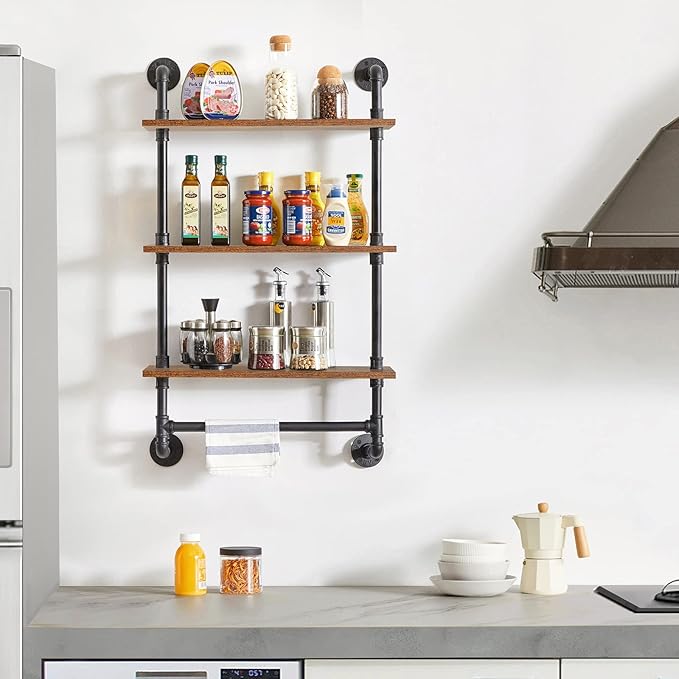 IBUYKE Industrial Pipe Shelf,40.5 inches Wall Mount Bookcase,3-Tier Wall Shelf with Towel Bar,Rustic Iron Pipe Floating Shelvesfor Bedroom,Kitchen,Living Room,Bathroom URF-TM015