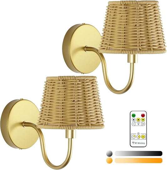 Battery Operated Wall Sconce Set of 2, Rechargeable Wireless Rattan Wall Sconces with Dimmable Detachable Magnetic Bulbs and Remote, 3 Colors Wall Lights for Bedroom Living Room Hallway