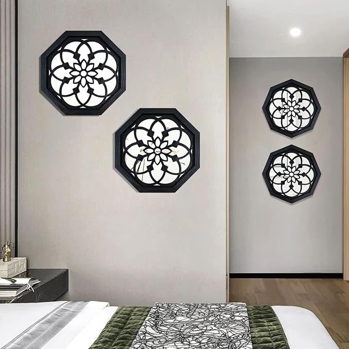 2-Piece Octagon Wall-Mounted Mirrors,Vintage Farmhouse Mirror for Wall Decor,Black Decorative Accent Mirror for Foyer, Bathroom, Bedroom. (12”x12”)