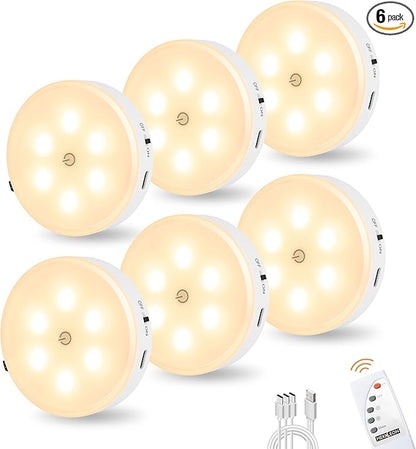 Puck Lights with Remote Control, Under Cabinet Lighting with Magnetic, Cordless, 1200mAh Rechargeable Stick On Lights for Under Cabinet, Hallway, Stairway, Closet (Warm White, 6pcs)