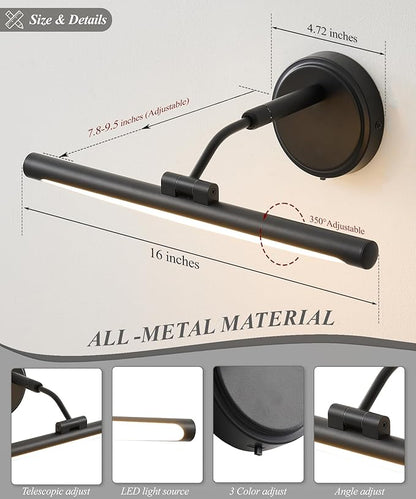 Hardwired Picture Lights For Wall, Led Art Light For Painting,Modern Metal Picture Frame Light ,Dimmable Poster Gallery Painting Bookshelf Portrait Lights For Pictures On Wall 6W 3CCT (Black, 16in)