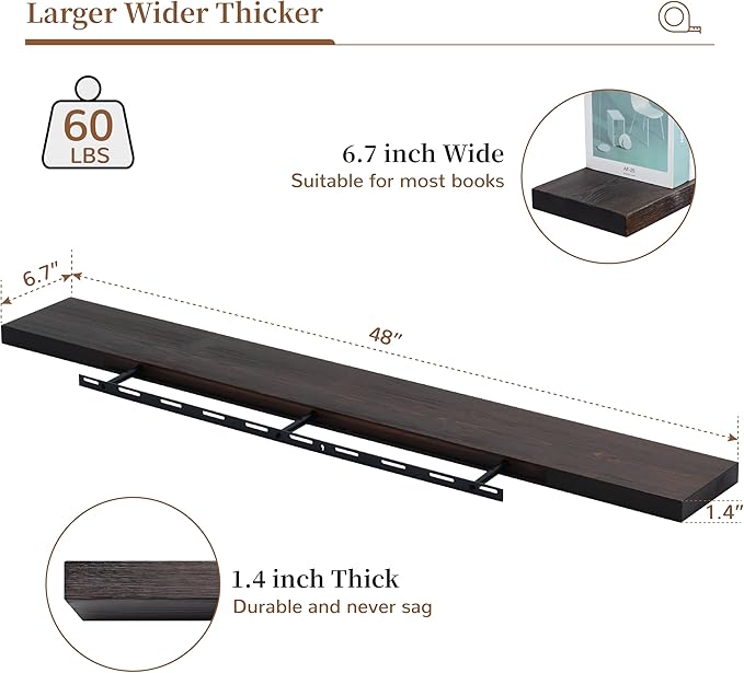 Marsmiles Wood Floating Shelves | 48 Inch Dark Wood Wall Shelves Set of 1 | 48