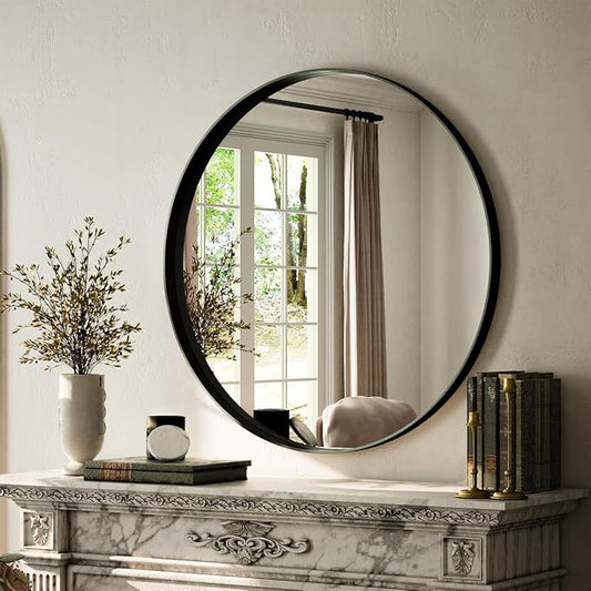 VooBang 24 inch Round Bathroom Mirror, Balck Modern Circle Wall Mounted Mirror with Gorgeous Circular Deep Frame for Bathroom, Living Room, Bedroom, Hanging or Leaning