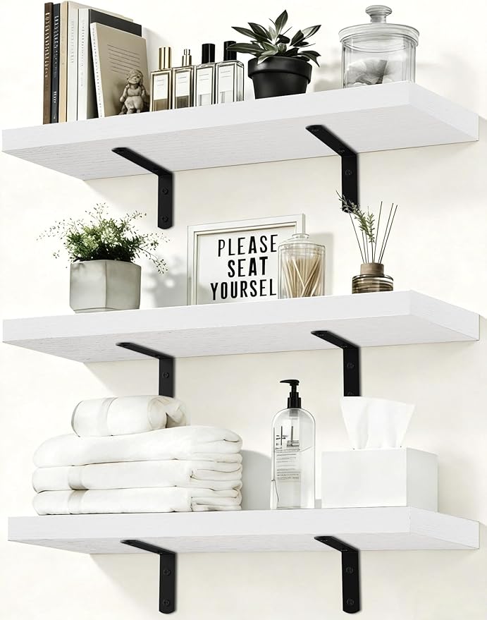 LifetimeWarranty Wall Shelves With Brackets, NOT Floating Easy Install 15.7Inch Solid Wood Shelf 3PCS, Modern Storage Display Shelves for Books Plants Frames, Ledge Shelf for Bathroom Bedroom Kitchen