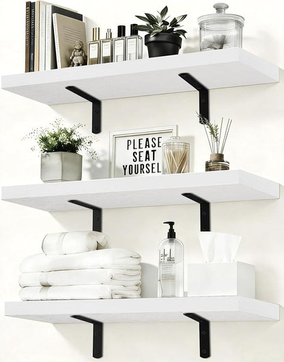 LifetimeWarranty Wall Shelves With Brackets, NOT Floating Easy Install 15.7Inch Solid Wood Shelf 3PCS, Modern Storage Display Shelves for Books Plants Frames, Ledge Shelf for Bathroom Bedroom Kitchen