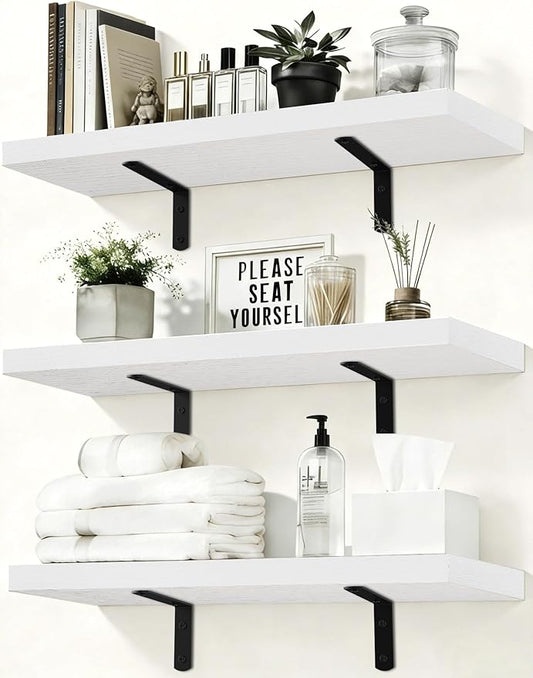 LifetimeWarranty Wall Shelves With Brackets, NOT Floating Easy Install 15.7Inch Solid Wood Shelf 3PCS, Modern Storage Display Shelves for Books Plants Frames, Ledge Shelf for Bathroom Bedroom Kitchen