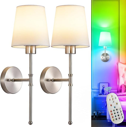 Depuley Battery Operated Wall Sconce: Set of 2 Wireless Wall Lights with Remote for Bedroom - Rechargeable 15 Colors 19.9" Wall Lamp for Living Room Hallway Decor