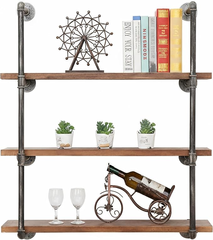 Industrial Wall Mounted Iron Floating Pipe Shelves/Shelving/Racks/Storage/Bookcases/Brackets, DIY Open Bookshelves, Retro Black (4-Tier Shelf Brackets with 3 Boards)