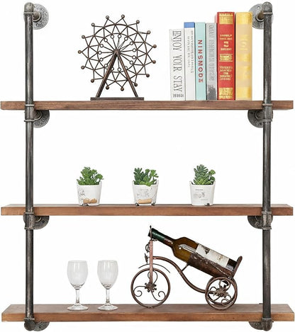 Industrial Wall Mounted Iron Floating Pipe Shelves/Shelving/Racks/Storage/Bookcases/Brackets, DIY Open Bookshelves, Retro Black (4-Tier Shelf Brackets with 3 Boards)
