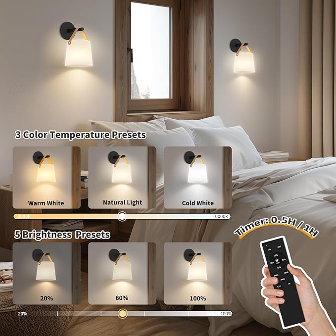 TACAHE Rechargeable Wall Sconce - Plastic Frosted Lampshade - 3 Color Temp & 5 Brightness - Remote Control - 5000 mAh Battery Operated - Cordless Wall Lamp for Camper, RV - Set of 2 (Black)