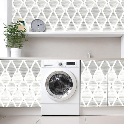 White and Silver Gray Peel and Stick Wallpaper 17.7"x120" Modern Striped Rhombus Wallpaper Vinyl Shelf Paper Drawer Liner Roll for Bedroom Living Room