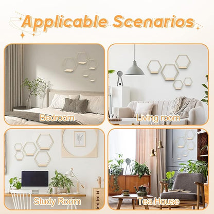 Wall Mounted Hexagonal Floating Shelves Set of 5 in Different Sizes, Modern Metal Shelf, Simple Wood Partition Storage Shelves, Gold Decor Rack for Bedroom, Living Room, Kitchen and Office
