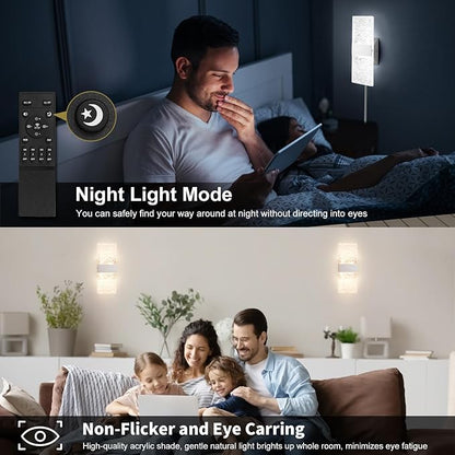 Plug in Wall Sconces with Adjustable 3000K-6500K Colors & 10%-100% Brightness, Sconces Wall Decor Set of 2 with Remote Control, 12W Acrylic LED Plug in Wall Light (2 Pack, Corrugated Finish)