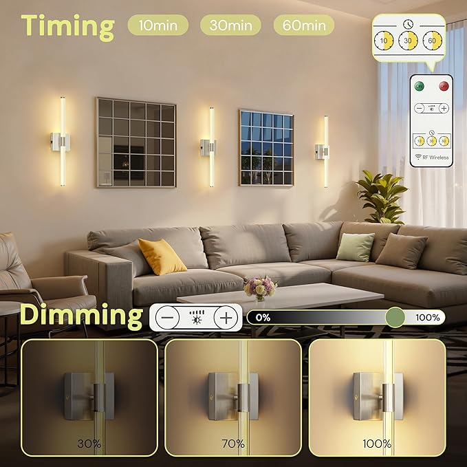 L LOHAS LED Battery Operated Wall Sconce Set of 2, 10000mAh Nickel Battery Wall Sconce 360 Full Lighting, 3000K Dimmable Wireless Wall Light, Sconce Wall Decor for Bathroom, Bedroom, Living Room, 24in