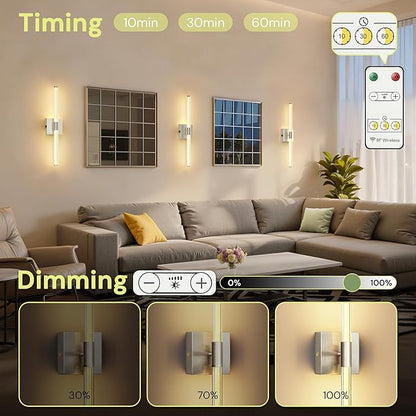 L LOHAS LED Battery Operated Wall Sconce Set of 2, 10000mAh Nickel Battery Wall Sconce 360 Full Lighting, 3000K Dimmable Wireless Wall Light, Sconce Wall Decor for Bathroom, Bedroom, Living Room, 24in