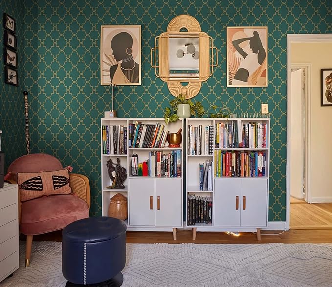 Timeet Modern Wallpaper Peel and Stick Geometric Gold and Green Contact Paper 17.7"x393.7" Removable Self Adhesive Wallpaper for Bedroom Living Room Wall Decor Vinyl