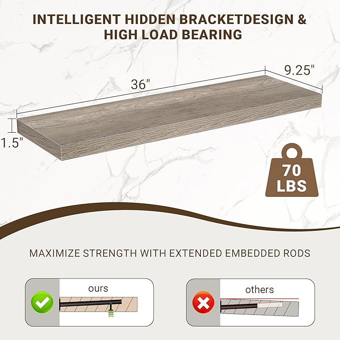 36 Inch Floating Shelves, 3D Textured Wood Grain, 36