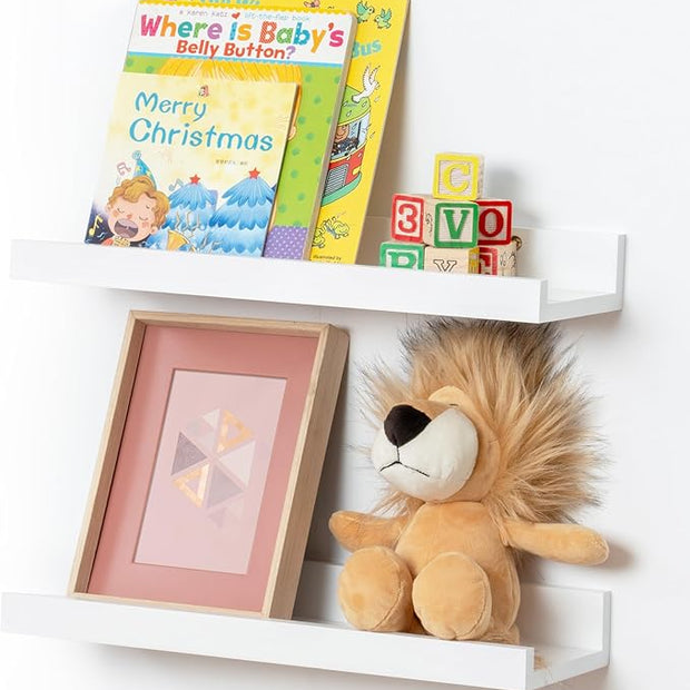 Picture Ledge Shelf for Wall, 16 inch Solid Pine Wood Nursery Book Shelves 2 Packs, Floating Ledge Shelves for Kids' Room Bedroom Bathroom Living Room Photo Frames Office Nursey Wall Decor, White