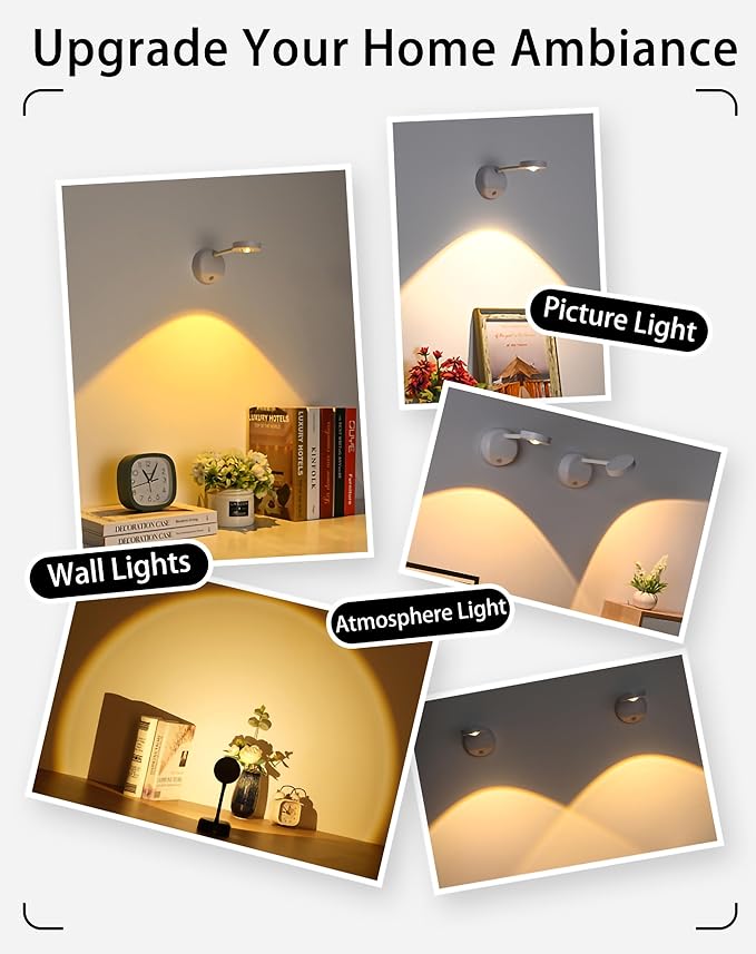 2200mAh Cat's Eye Bulb Motion Sensor Picture Light, LED Wall Sconce, Spotlight Painting Night Lamp, Rechargeable Battery Operated 3 Color & Dimmable 360° Rotation (White, 2 Pcs)