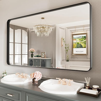 LOAAO Black Metal Framed Bathroom Mirror for Wall, Large 55X30 Inch Rounded Rectangle Mirror, Matte Black Bathroom Vanity Mirror Farmhouse, Anti-Rust, Tempered Glass, Hangs Horizontally or Vertically