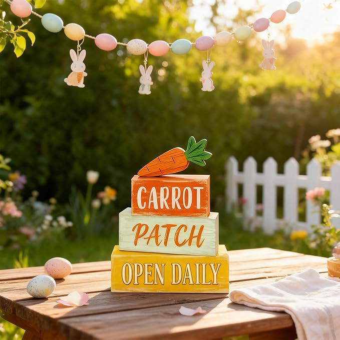 Easter Decorations - Easter Carrot Patch Tiered Tray Decor - Wooden Farm Stand Tabletop Decoration - Rustic Farmhouse Spring Home Decor Indoor for Tiered Tray Shelf Mantel Coffee Table Kitchen Counter