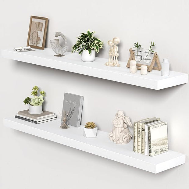 Floating Shelves for Wall, 55"W x 9.3"D x 1.5"H, Long Wooden Wall Mounted Display Shelves with Invisible Brackets for Living Room, Bedroom, Bathroom, Kitchen Decor and Storage, Set of 2, White
