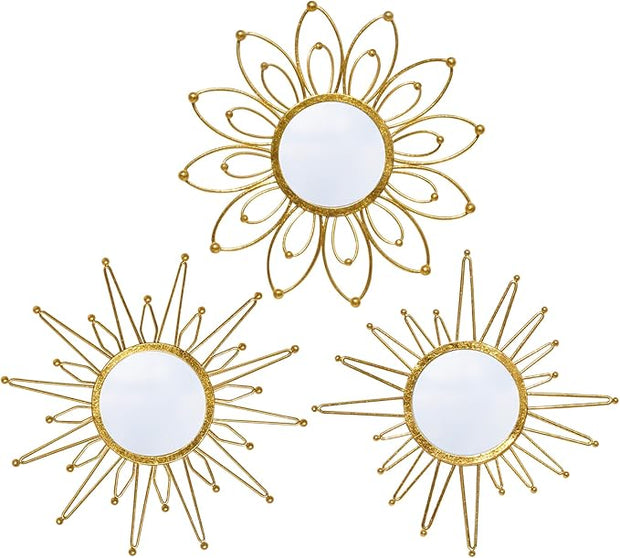 Mirror Wall Decor Gold Mirrors for Wall Metal Sunburst Mirrors Home Decoration Wall Art Decorative Mirror Suitable for Living Room Bedroom Entrance Set of 3