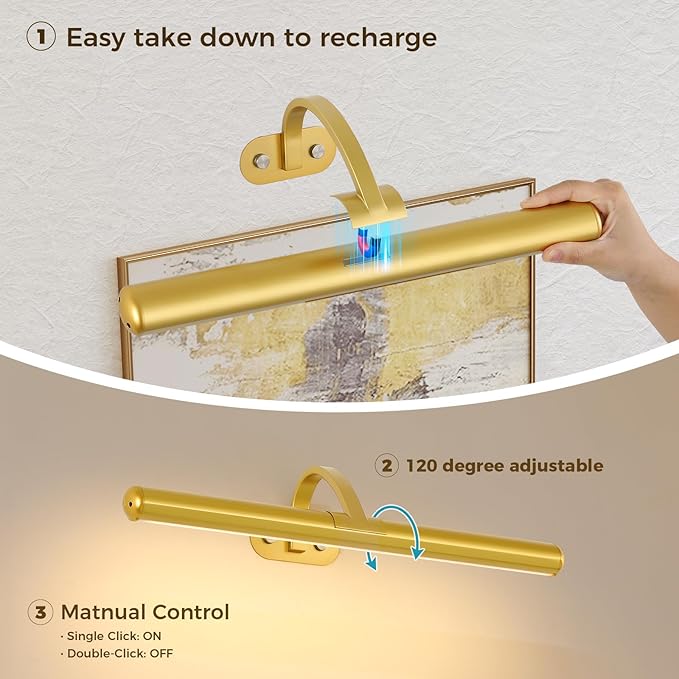 Joossnwell 16.54 Inch Touch Control Picture Light, Gold Rechargeable Battery Wall Sconce, Magnetic 3 CCT Dimmable Art Display Lamp for Large Painting, Dartboard, Portrait and Reading