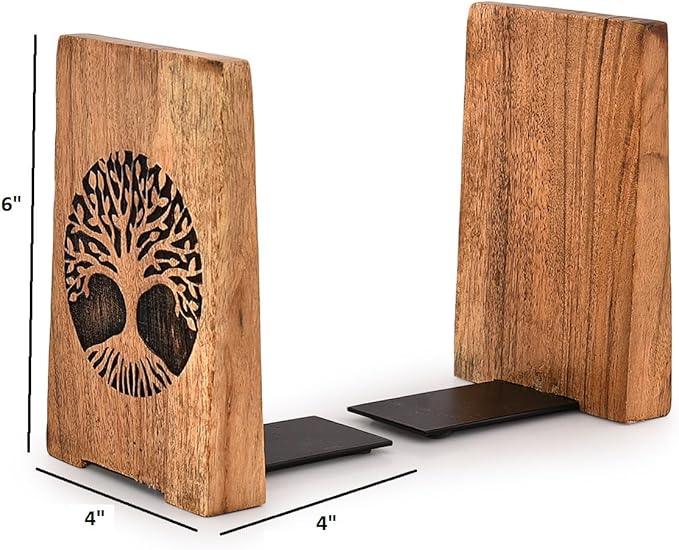 NIRMAN Office Bookends Iron & Acacia Wood Tree of Life Office Bookends for Shelves or Bookcase Heavy Bookends, Home Décor Gift (4