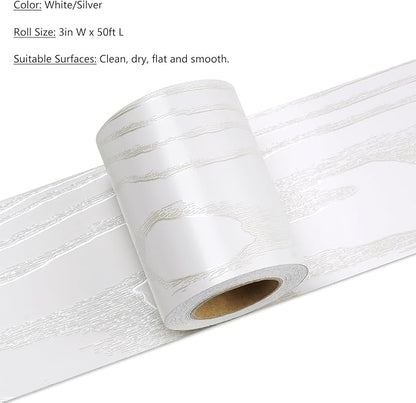 LACHEERY 50ft x 3in Silver White Wood Wallpaper Border Peel and Stick Wall Border Textured Wood Grain Mirror Borders Peel and Stick Borders Trim for Walls Bathroom Bedroom Living Room Decor Removable