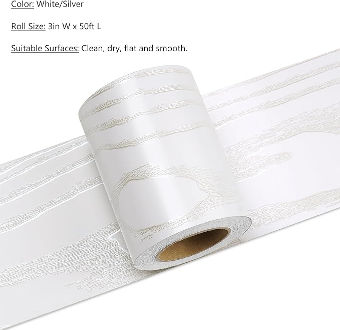 LACHEERY 50ft x 3in Silver White Wood Wallpaper Border Peel and Stick Wall Border Textured Wood Grain Mirror Borders Peel and Stick Borders Trim for Walls Bathroom Bedroom Living Room Decor Removable