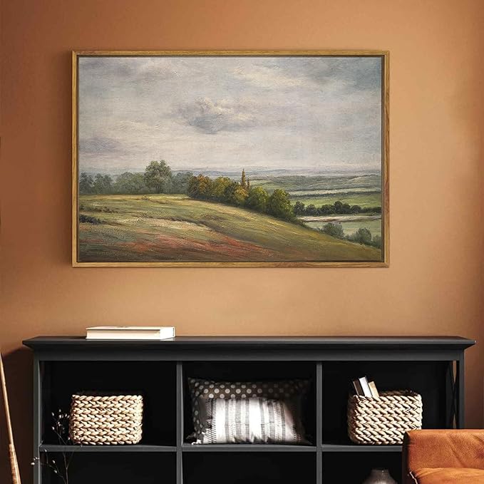SHENIFY Landscape Framed Canvas Wall Art 24x36in Large Vintage Classical Rural Hill Prints Hallway Bathroom Office Decor - Natural Framed