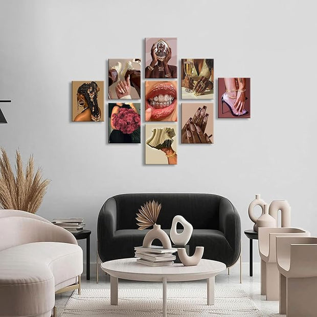 NCYEL 9PCS Black Girl Wall Art Canvas Prints Fashion Aesthetic Posters for Women Bedroom Beauty Room Living Room Salon Glam Wall Decor 8x10 Inch Unframed