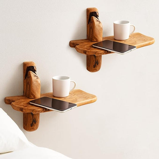 Live Edge Wall Mounted Beside Shelf – 16" Set of 2, Floating Nightstand Handcrafted Root Cedar Bedside Floating Shelf, Unique Natural Wood Wall Decor for Bedroom, Living Room, or Entryway