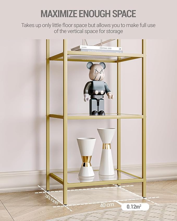 Bookcase Bookshelf, Tempered Glass Bookshelves, Slim Shelving Unit for Bedroom, Bathroom, Home Office, Steel Frame, 5 Tier Gold BC05001G